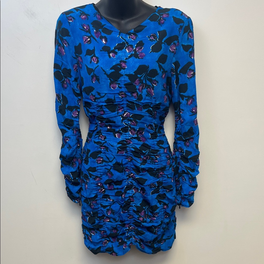 Zara Vibrant Blue Black Purple Floral V-Neck Mini Dress With Rouching Size S